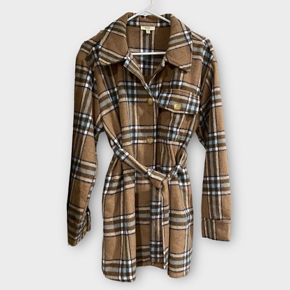 kori america plaid shirt jacket shacket belted coat Size M